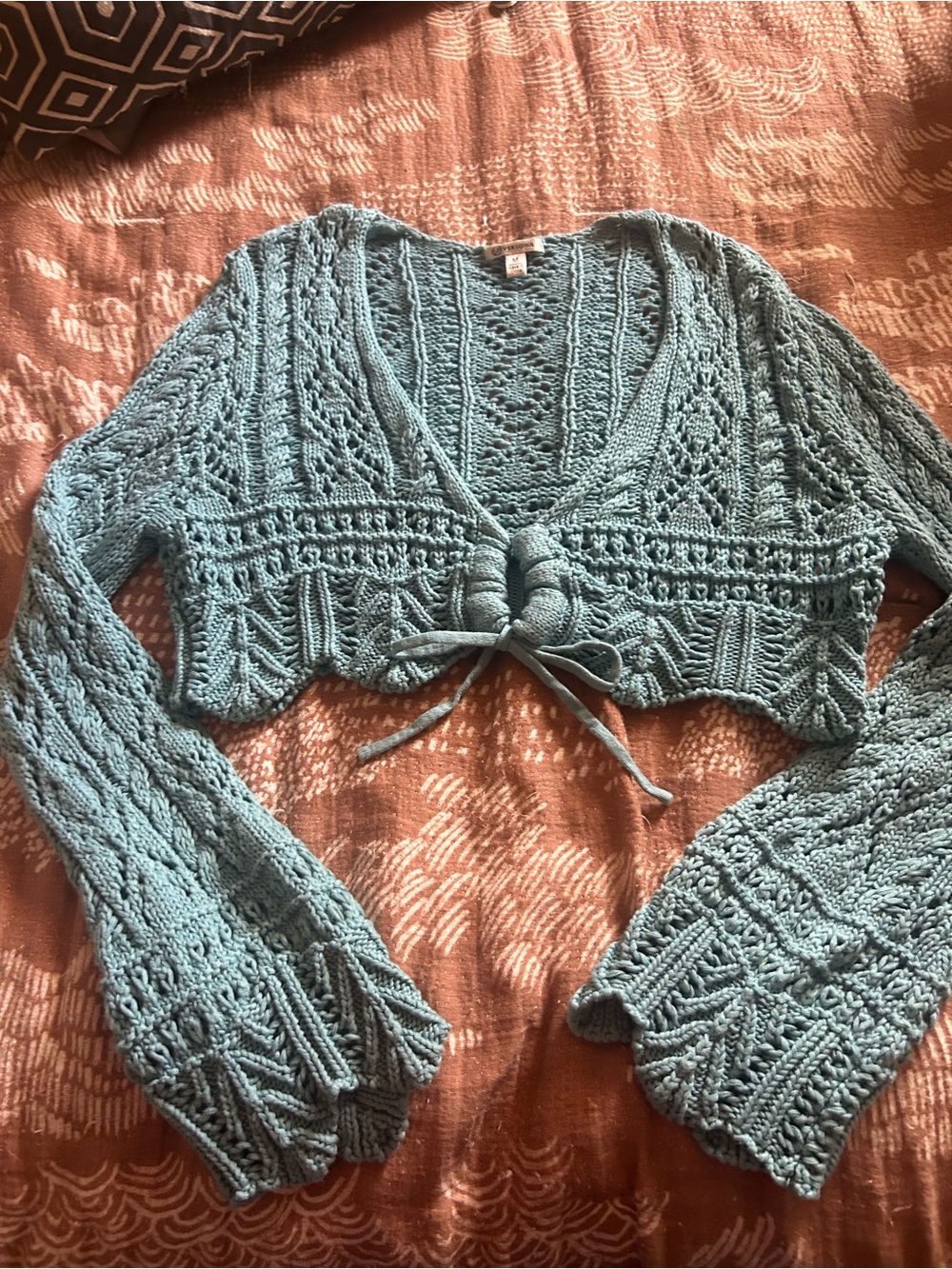 Versona Seafoam Crochet Tie-Front Cropped Sweater